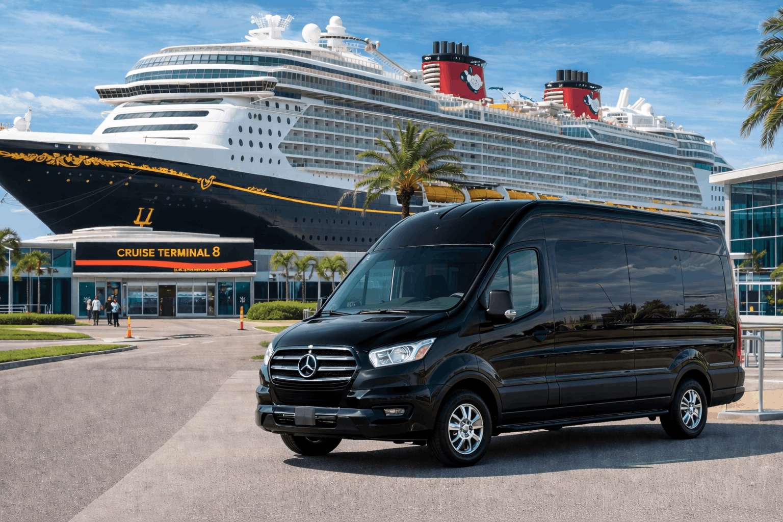 Private orange shuttle van arriving at the Disney Wish cruise ship in Port Canaveral Terminal 8